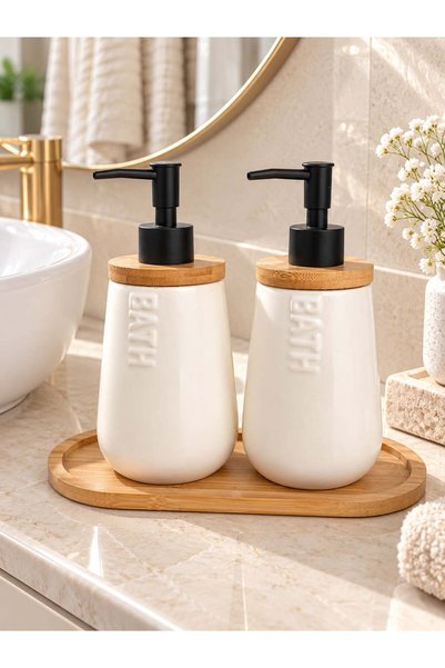 MODA OZY 2li Bambu Stantlı Seramik Sabunluk 500 ml Banyo Düzenleyici Set