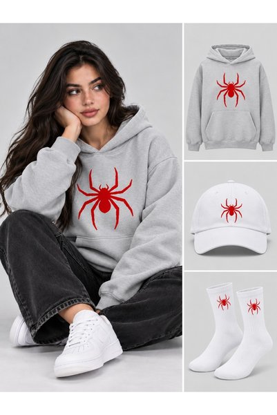 HAI COLLECTİON سويت شيرت كبير الحجم بغطاء للرأس باللون الرمادي للجنسين، طقم م...