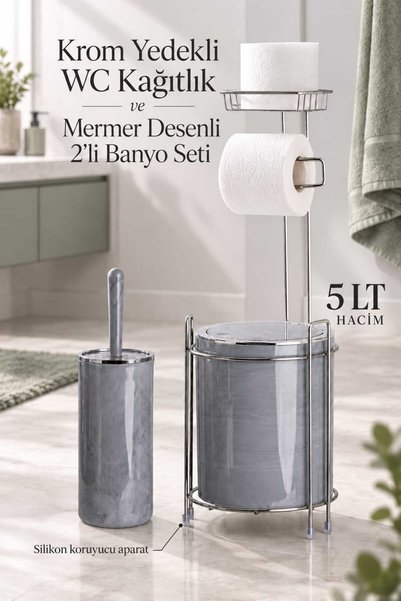 Store Okyanus Home Krom Yedekli WC Kağıtlık - Yuvarlak Mermer Desenli Çöp Kov...