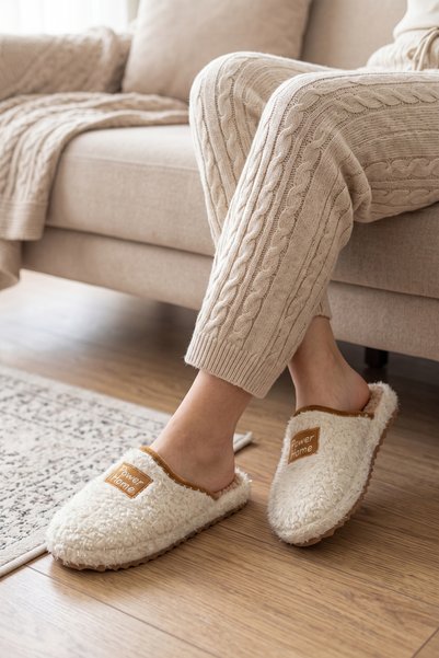 Moda Devrin Kadın Beyaz Simli Parlak Peluş Ev Terliği