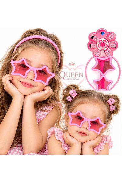 QUEEN AKSESUAR 8-Piece Pink Star Model Glasses Crown 6 Mini Latch Buckle Girl...
