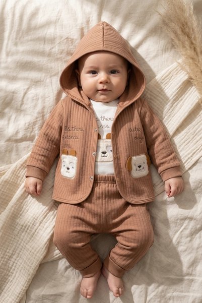 ANP MODA TASARIM Lumi Bear Quilted Hooded Cardigan, Bodysuit and Jogger 3-Pie...