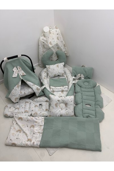 Balamira waffle yeşil gökkuşaklı oval 13 lü babynest takımı