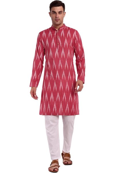OtherMax Set bărbătesc Kurta Pijama din bumbac cu model, elegant, roșu S