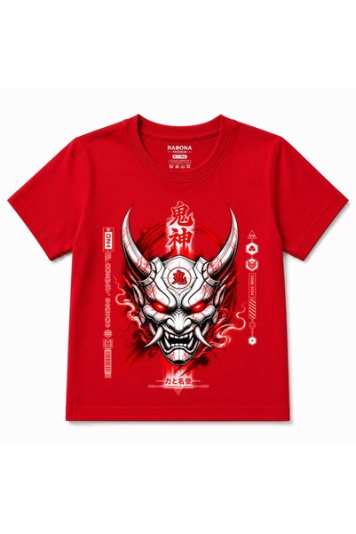 Rabona Fashion Oni Demon – Japanese Oni Mask Red Black Printed Kids T-Shirt