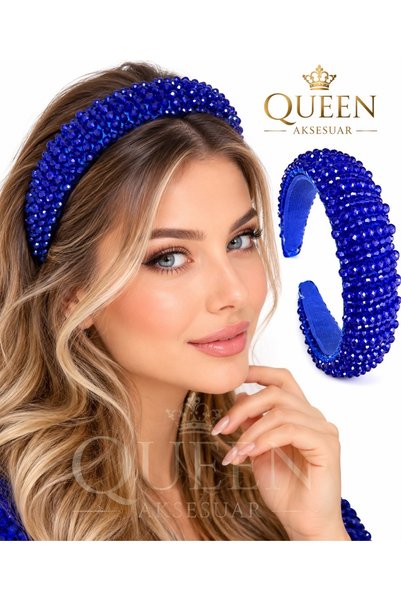 QUEEN AKSESUAR Luxurious Wide Sponge-Curved Crown with Blue Crystal Stone Emb...