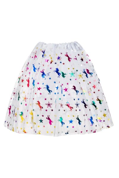 ANTBRO Fustă Tutu din Tul Alb cu Stele Holografice și Unicorni, Talie din Sat...