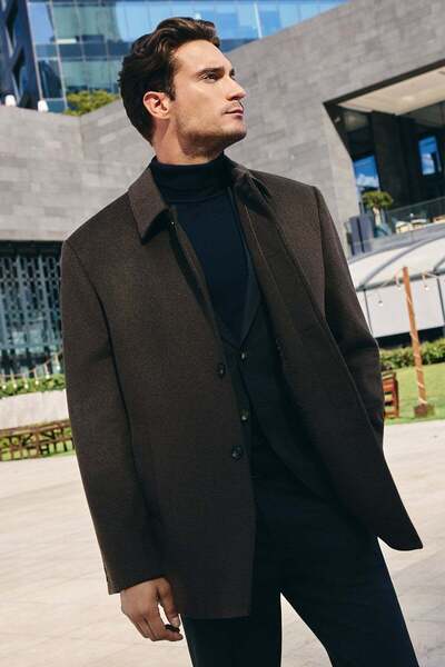İmza Brown Berber Collar Comfort Fit Wool Cashmere Coat 1008265361