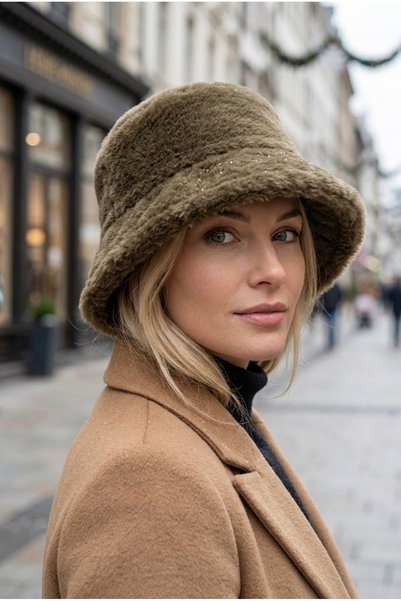 Belifanti Collection Women's Winter Plush Bucket Hat Soft Furry Hat Khaki