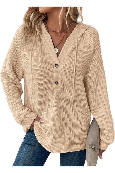 OtherMax Hanorac Damski Waffle cu Glugă Lejer Bej Oversize Mărimea 2XL