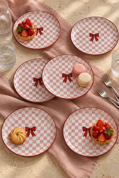 Sırvenis Kırmızı Fiyonk ve Pembe Dama Desenli 6’lı Pasta ve Tatlı Tabağı Seti...