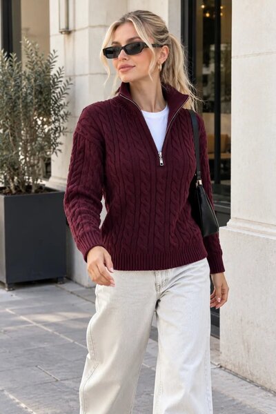 Park Karon Women's Braided High Collar Half Zipper Knitwear Sweater 8749Sw