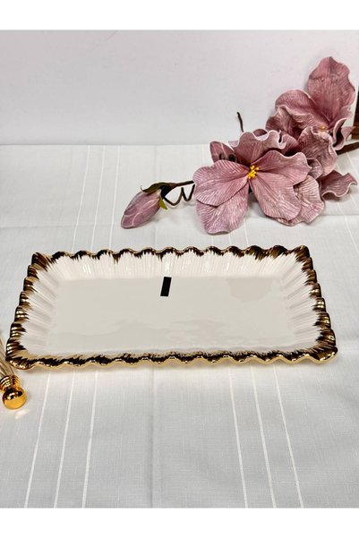 Meri Ev Gereçleri Rectangular Presentation Plate Sofia Stoneware with Gold Ed...