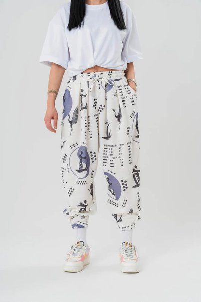 FG KONNİCHİWA White Crane Bird Patterned Unisex Bohemian Hippie Ethnic Shalwa...