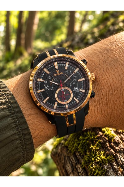 Raymond Men's Wristwatch Black Gold Case Active Chronometer Japanese Movement...