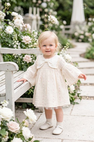 ALYRA Baby Girl Ecru Bowknot Sleeves Flounce Muslin Dress 1 Year Birthday Wed...