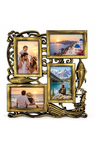 Fabricacucadouri.ro Rama foto colaj Pescar decorativ, auriu antichizat – 4 fo...