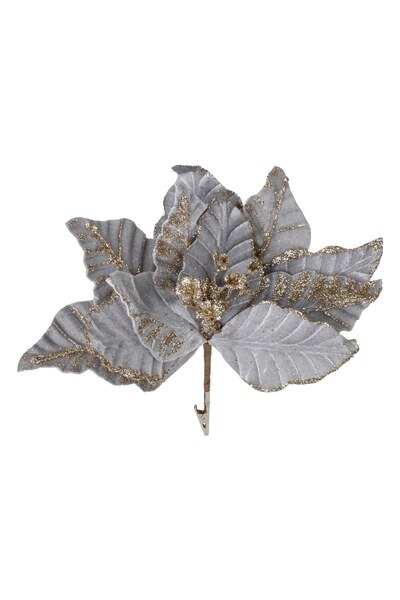 DD SHOP Floare Decorativa de Craciun Gri cu Glitter Auriu & Clips 27cm