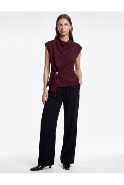 Koton Women Burgundy Plain Cowl Neck Sleeveless Top