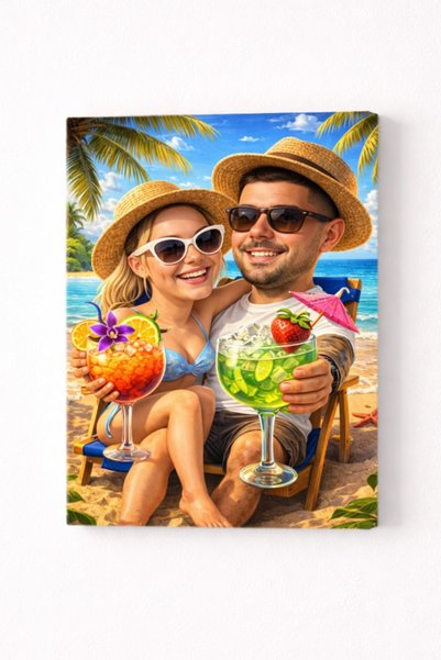 Fabricacucadouri.ro Tablou Canvas Caricatură Cuplu în Vacanță pe Plajă – Cado...