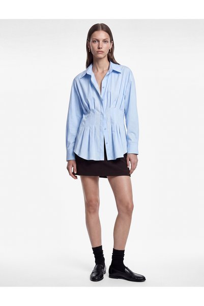 Koton Women Blue Plain Collared Long Sleeves Shirt
