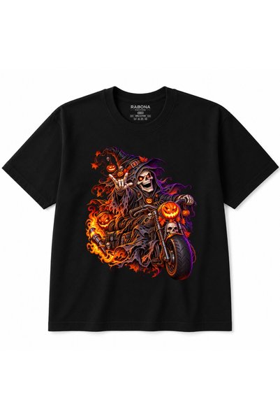Rabona Fashion Halloween Reaper Rider – Μπλουζάκι με σκελετό απόκριες με φλογ...