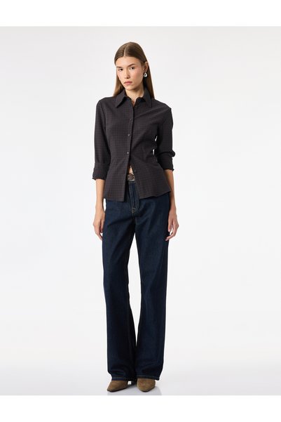 Koton Women Brown Checked Collared Long Sleeves Shirt