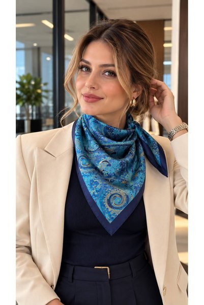 BALIENTE وشاح نسائي من الساتان الأزرق المنقوش مقاس 70x70 سم