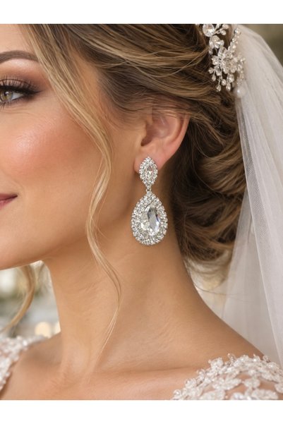 artistik bijuteri Drop Stone Silver Color Bridal Earrings Evening Dress Earrings
