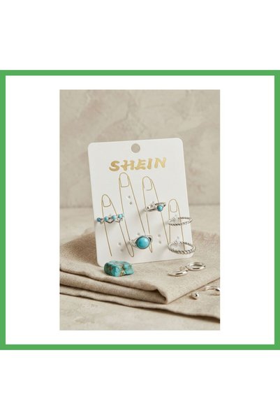 Nur store Çanta Silver-Toned Brass Bohemian Ring Set with Blue Stone Embellis...