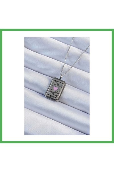 Nur store Çanta 316L Steel Chain Antique Silver Color Pink Enamel Figured Tar...