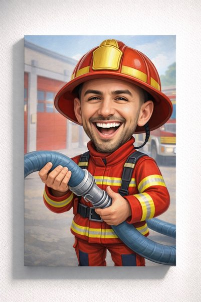 Fabricacucadouri.ro Tablou Canvas Caricatură Pompier – Portret Personalizat î...