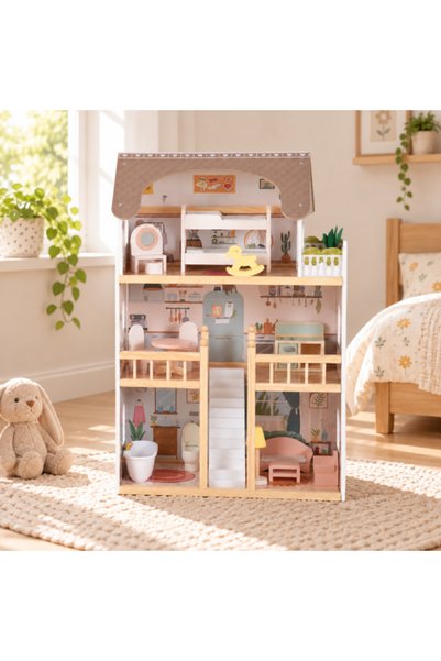 Moni Toys Lina Wooden Dollhouse, 4 Floors, 5 Rooms, Furniture Included, 3 Years+