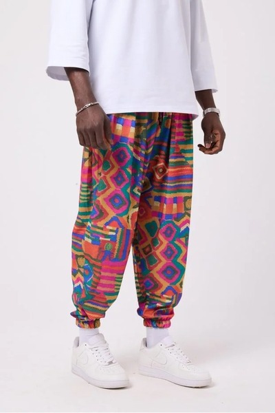FG KONNİCHİWA Unisex Colorful Ethnic Patterned Loose Shalwar Trousers Free Sp...