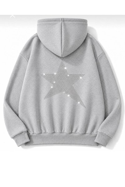 vipelmoda Kadın Kuyruklu Yıldız Sırt Taş Baskı Detaylı Oversize Kapüşonlu Cepli Sweatshirt