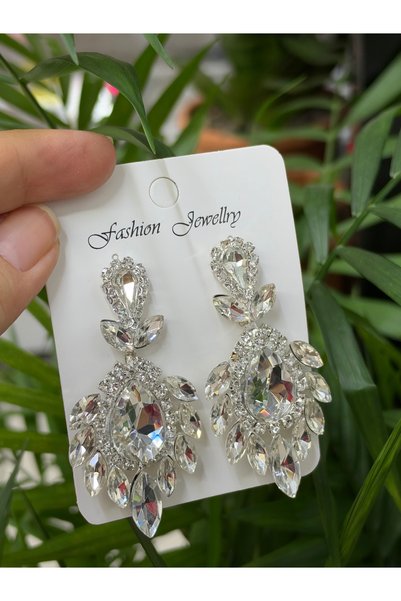 artistik bijuteri Silver Color Bridal and Evening Dress Earrings with Stones