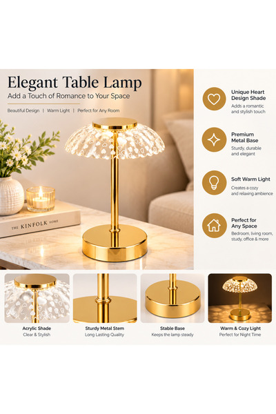 Generic Portable Cordless LED Table Lamp, Gold Finish with Decorative Heart P...