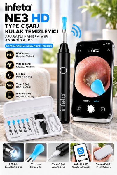 İnfeta HD Kameralı WiFi Kulak Temizleme Cihazı Type-C Şarjlı Android ve iOS Uyumlu