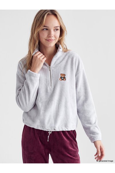 LC Waikiki Nevavm with Difference Lcw Young Gray Plush Embroidered Long Sleev...