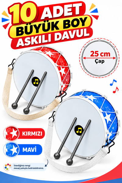 Retoys Oyuncak Askılı 10 Adet Büyük Boy Gösteri Davulu 23 Nisan 26cm (Renk Seçeneği)