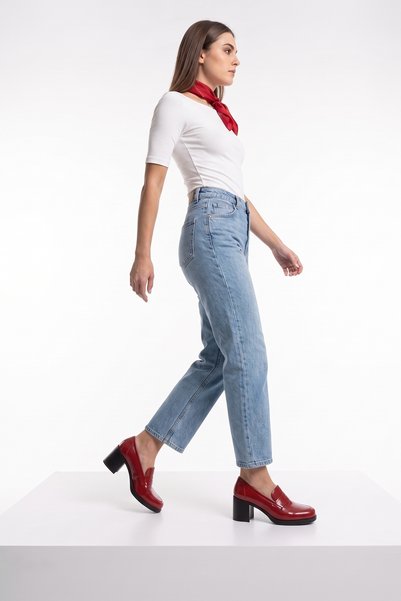 LuviShoes KELLYS Kırmızı Rugan Hakiki Deri Kadın Topuklu Loafer Ayakkabı