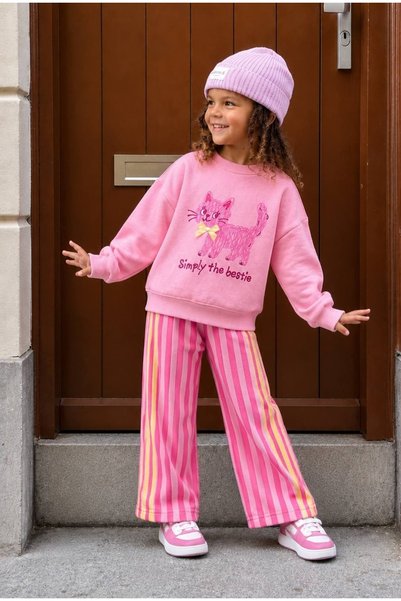 Patriko Girls' Cotton 3-Thread Pink Color Sweatshirt Pants Set