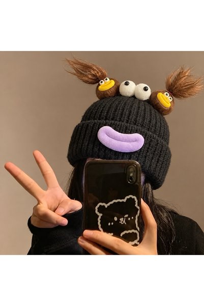 synshop Crna Kawaii kapa za mlade dečake i devojčice, sa usnama u obliku koba...