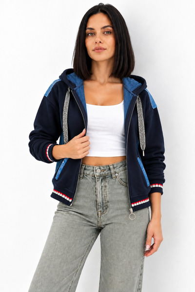 XRAY JEANS Women's Oversize Navy Blue Hooded Denim Jacket