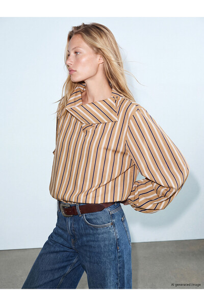 LC Waikiki Özmarka New Season Orange Flowy Collar Striped Blouse