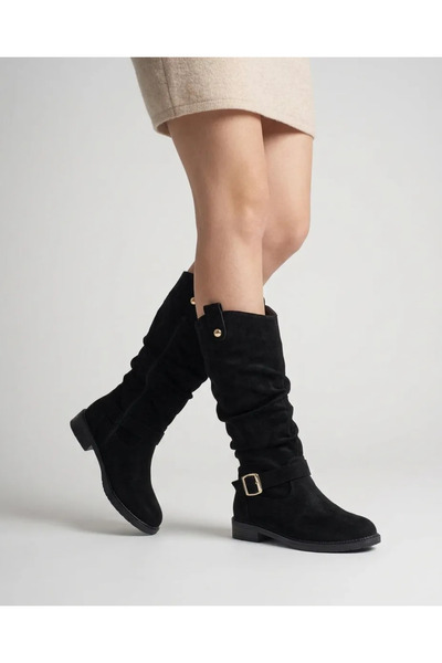 diclepolat Women's Black Suede Buckle-Strapped Below-Knee Flat Sole Stylish D...