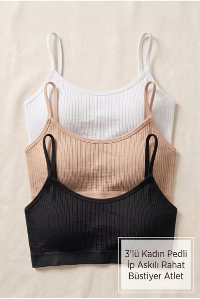 NurPeri İç Giyim Women's 3-Piece Ribbed Strap Padded Bustier Tank Top, Cotton...