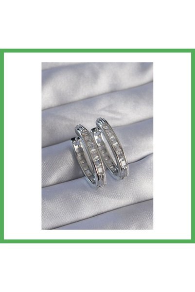 Nur store Çanta Brass Silver Color Zircon Stone Oval Model Earrings Bezoss