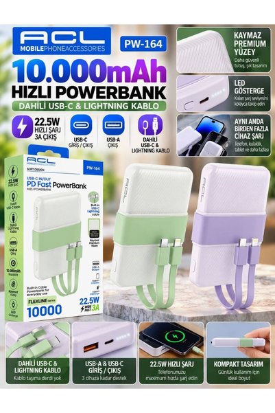 ACL PW-164 10000 mAh Yeşil 22.5W Hızlı Şarjlı Dahili Kablolu Powerbank (Type-...