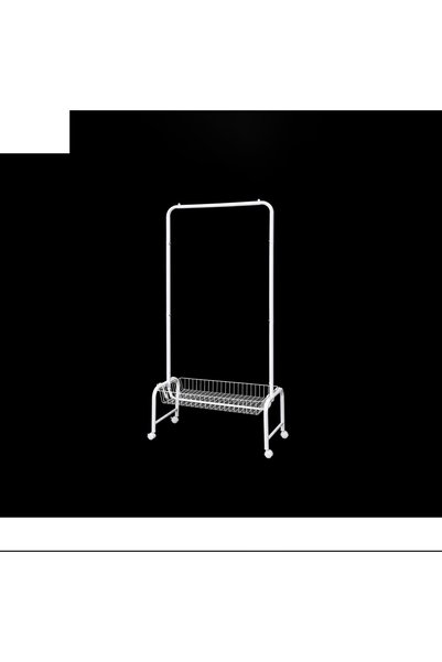 IN HOME STORE ستاند تعليق ملابس معدني أبيض مع سلة تخزين سفلية وعجلات